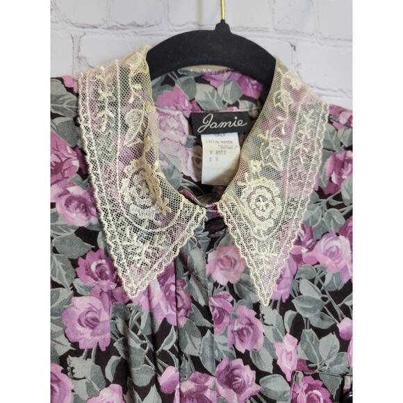 Vintage Jamie Floral Dress Midi Pleated Belt Zipper Shoulder Pads Lace Womens 9 - Picture 4 of 6